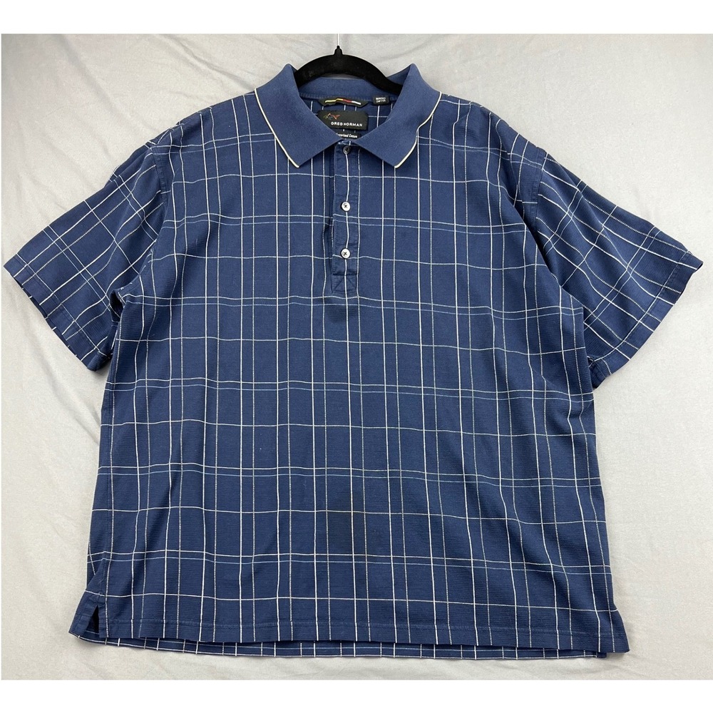 Greg Norman Polo Shirt Mens XL Blue Windowpane Mercerized Cotton Short Sleeve